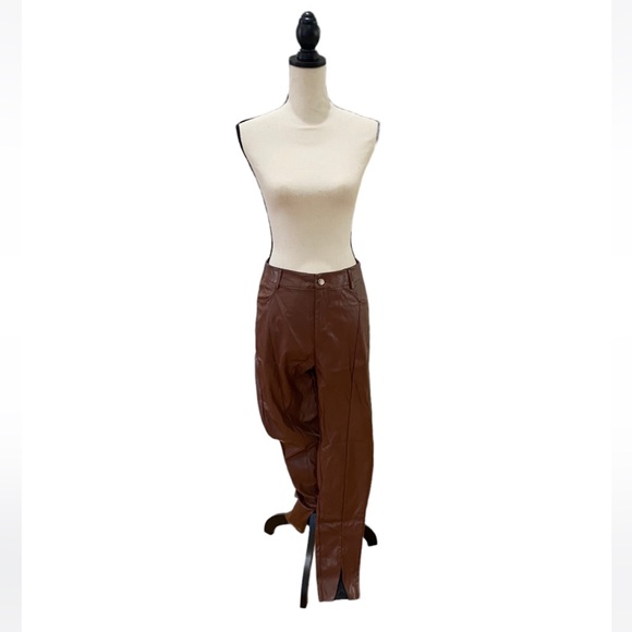 Pants - PU Brown Slit Bottom Pants